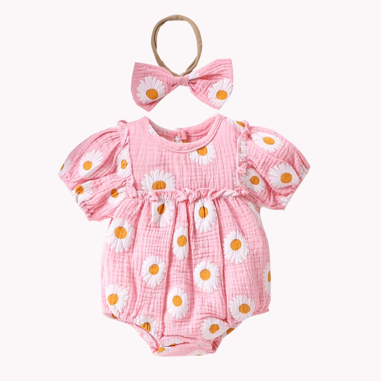 Summer Newborn Bubble Sleeve Pleated Lace Small Daisy Print Flower Jumpsuit Romper Baby Bodysuits