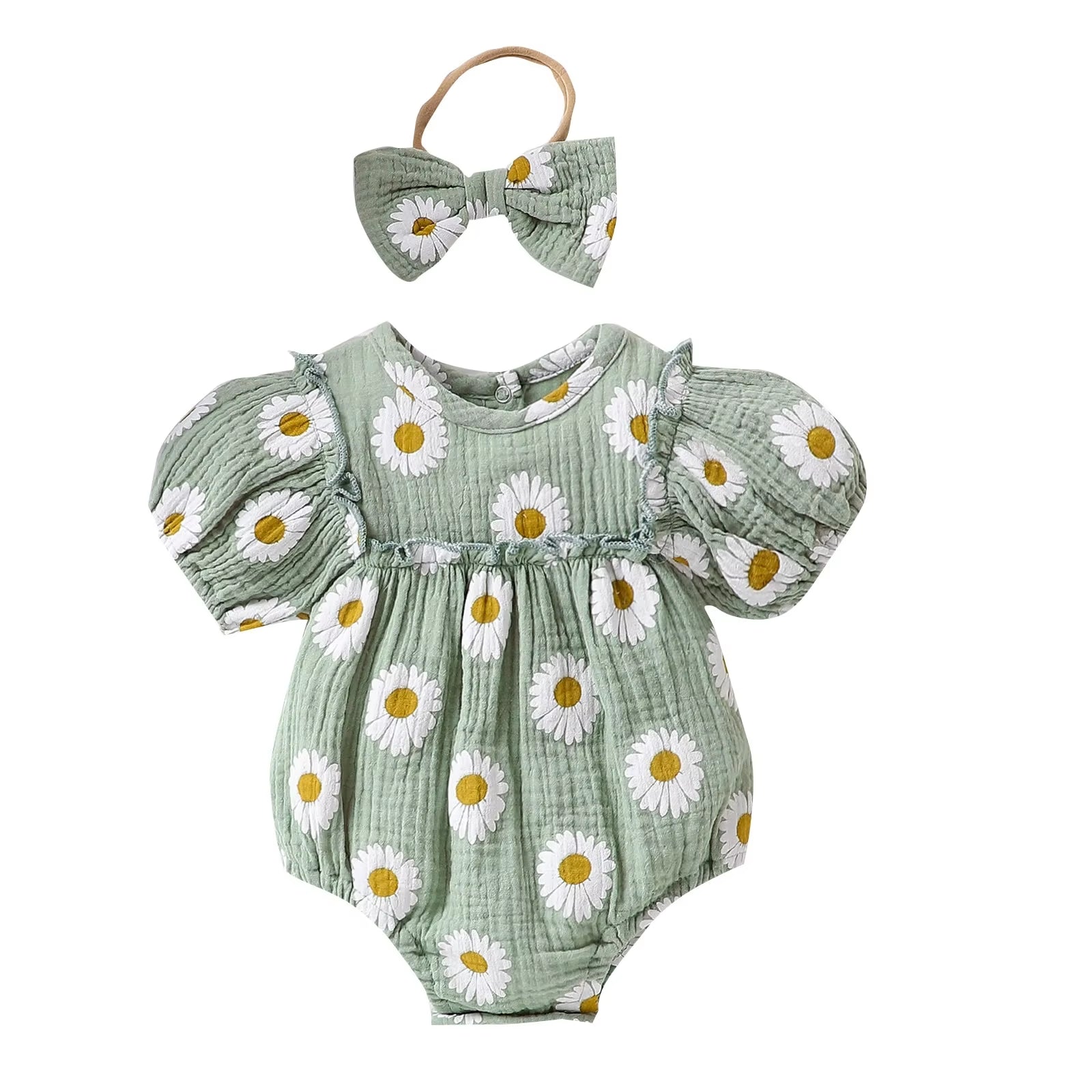 Daisy Whispers – Baby Girl Bubble Sleeve Lace Romper